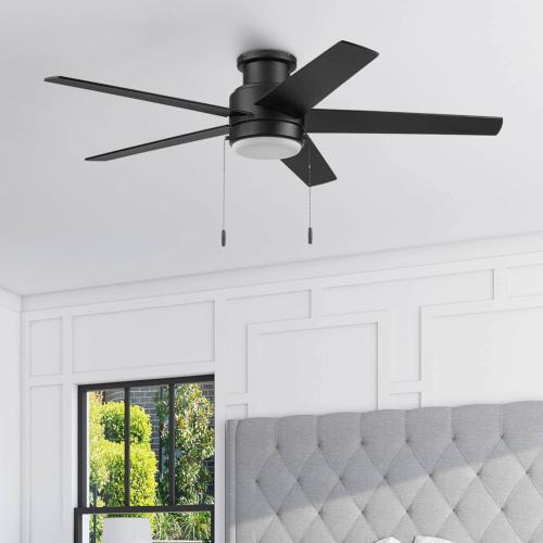 Harbor Breeze Fairbanks Easy2Hang 52-in Matte Black LED Covered Outdoor Flush Mount Ceiling Fan With Light and Pull Chain Included