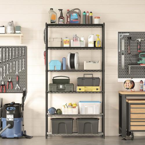SONGMICS 6-Tier Storage Shelves, Adjustable Wire Shelving Unit, 8 Hooks