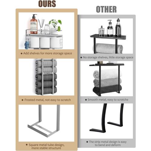 Aetyord Towel Racks for Bathroom - Wall Mounted Metal Rack with Wood Plank, Bathroom Storage Organizer, Towel Holder Stores 6 Large Rolled Towels Easily, All Grey
