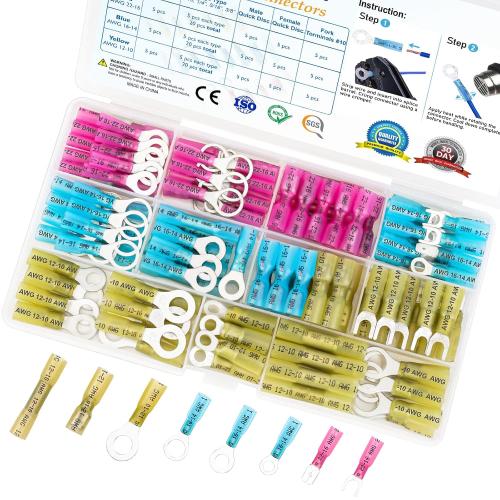 TICONN Set of  120Pcs Heat Shrink Wire Connectors, Waterproof Automotive Marine Electrical Terminals Kit, Crimp Connector Assortment, Ring Fork Spade Butt Splices