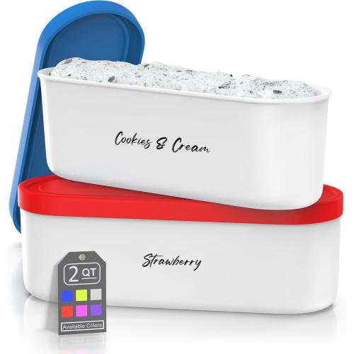 Ice Cream Containers - 2 Quart Ea. (Set of 2) - Premium Reusable Freezer Storage for Homemade Ice Cream Tub for Sorbet, Frozen Yogurt - Flexible Silicone Lids, Long Scoop, Stackable - Blue & Red