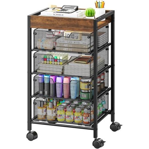 SWTYMIKI Rolling Cart with Drawers - Under Desk Storage Cart with Wheels, 4 Metal Drawers, Wood Top, Utility File Cart for Office Organization, Art, Craft, Classroom, Kitchen, Bedroom Espresso