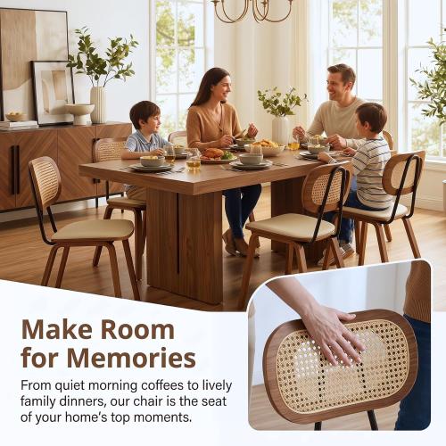 CIMOTA Mid Century Modern Dining Chairs Set of 2, Rattan Back Kitchen Chairs with Solid Wood Frame, Upholstered Faux Leather Seat, Armless Cane Dining Room Chair for Kitchen, Farmhouse, PU Beige