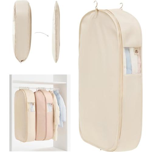 Beige Garment Bag for Hanging Clothes, Space Saving Dustproof Clothes Cover with Self-Compression Zipper, Visible Closet Organizer for Closet Storage (2 Each)