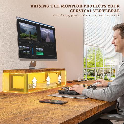 55 x 24 inch Desk with Power Outlets, Computer Desk with Monitor Stand & Light & Storage Bag, 0.95 Inch Thicker Desktop of Office Desk, Writing Desk for Home Office, Study, Bedroom, Brown