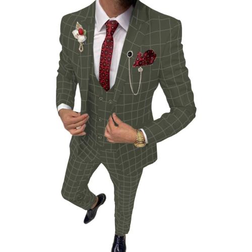 Aesido Mens 2XL-XL Green 3pc Suit Plaid Tuxedos Business Suits Slim Fit Double Breasted
