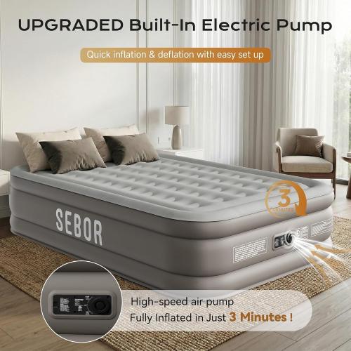 Air Mattress with Built-in Pump, Comfortable Self-Inflating Air Mattress with High-Speed Pump, Durable Blow Up Mattress with Storage Bag for Guests, Camping, Travel (18 Queen, Brown Gray)