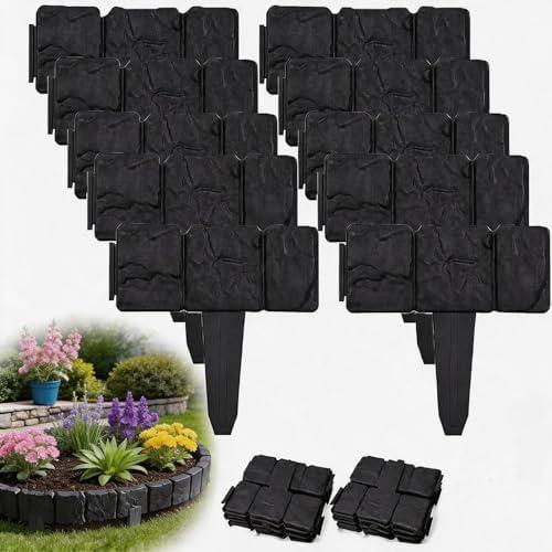 Imitation Stone Garden Fence Edging, Interlocking Plastic Landscape Border Panels for Flower Bed Lawn Path Yard Decor (Black,10pcs)