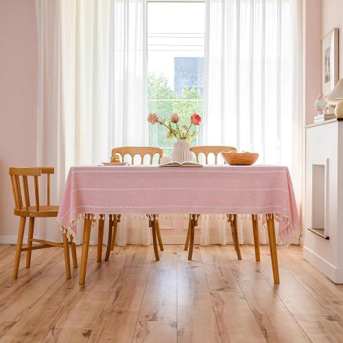 Pink Linen Table Cloth for Rectangle Table Burlap Tablecloth with Tassel Kitchen Dining Room Water Resistant Table Cloths 140x260 Inch