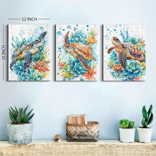 Sea Turtle Wall Decor Teal Ocean Beach Bathroom Wall Art Succulent Pictures Coastal Room Decor Nautical Canvas Paintings Abstract Sea Turtles Theme Posters Artwork Home Bedroom Decoration 12x16” 3Pcs