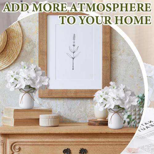 Geelin 2 Set Artificial Hydrangea Flowers with Glass Vase Faux Silk Hydrangeas Flowers Heads with Stems Floral Bouquets Vase Gifts for Home Wedding Baby Shower Centerpieces Table Decor(White)