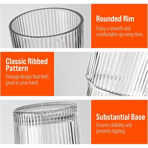SUROQUE 20oz Ribbed Glass Tumblers with Lids & Straws, Ideal for Iced Coffee, Cocktails & More - Includes Cleaning Brush