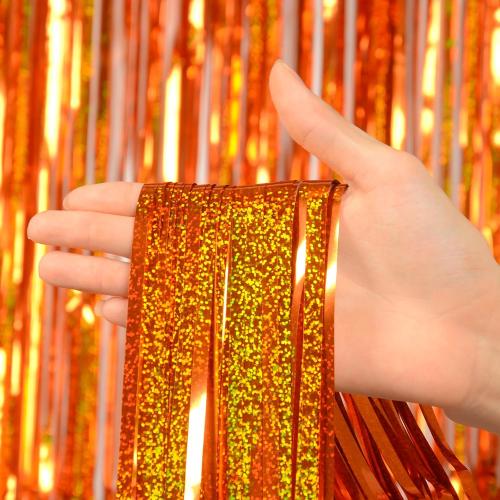 Orange Foil Fringe Curtain Backdrop 3 Pack, 3.2 x 8.2 FT Halloween Decor
