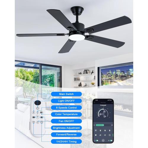 Coolwind 56 Inch Black Ceiling Fan with Display Remote/APP Control
