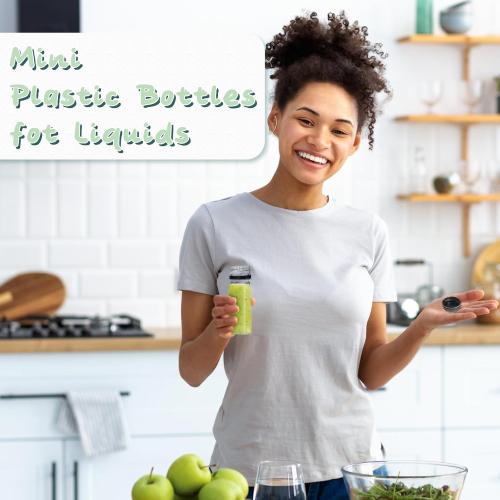 Xuyyicao 30 Pcs 2 Oz Small Plastic Bottles for Liquids,Ginger Shot Bottle with Lids,Reusable Bulk Beverage Containers for Juice,Liquor,Potion,Wellness,DIY,Wedding,Party,Travel(Black Cap)