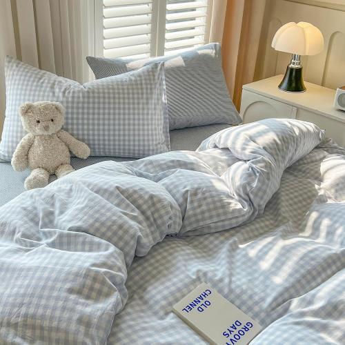 LifeTB Blue Gingham Comforter Set Queen Size Modern Style Plaid Checkered Comforter with 2 Pillowcases Fluffy Soft Grid Bedding Set Farmhouse Gingham Bedding Comforter Set for All Seasons