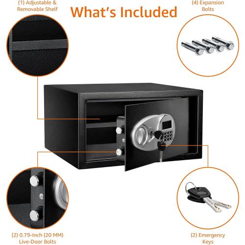 Amazon Basics Steel Security Safe and Lock Box with Programmable Electronic Keypad, for Valuables, Cash, Jewelry, Documents, Black, 1 Cubic Foot, 16.9-x-14.6-x-9.1-inches (WxDxH)