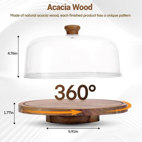 Rotating Cake Stand with Lid, 12in Wooden Cake Holder with Acrylic Dome, Flat Bottom Round Dessert Stand, Cake Display Stand for Baking, Wedding, Kitchen, Birthday, Parties(Not Glass Lid)