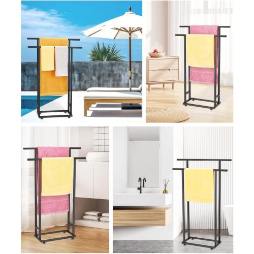 2-Tier Tall Towel Rack for Bathroom, Freestanding Towel Stand Drying Rack for Oversized Bath Towels, Poolside, Bathroom, Black, ALHAKIN