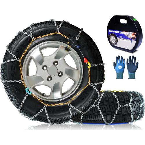 Snow-Chains Auto Fixing 1 Min Quick Fit Easy Installation Tire-Chains, Portable Reusable Universal Emergency Tire Traction Chain for Passenger Car, Pickup Trucks and SUV - Set of 2 (HKN-140)