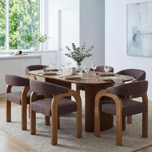 Farmhouse Dining Chairs Set of 2 - Upholstered Armchairs with Linen Cushions & Curved Wooden Arms, Barrel Wood Kitchen Chairs for Dining Room/Cafe/Kitchen Island (Espresso Brown)