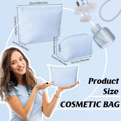 Huhumy 2 Pcs Makeup Bag Set for Women, Blue, Thin Stripe