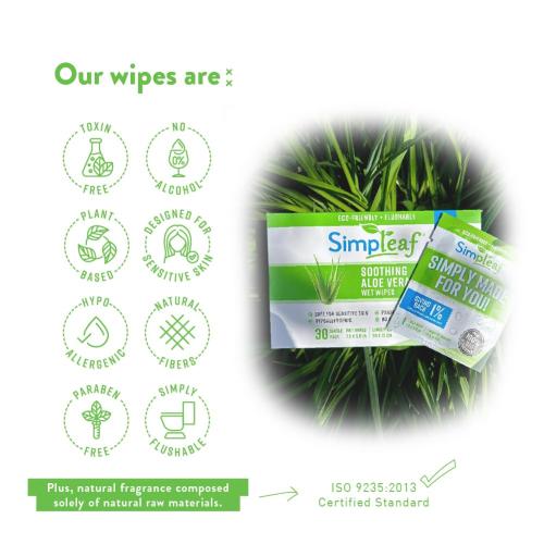 Simpleaf Aloe Vera Flushable Wet Wipes, Individually Wrapped, 30 Count