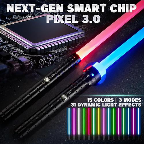 SANCO Metal Hilt Dueling Light Up Sabers - 2 Packs RGB 15 Colors Type-C Rechargeable Power Swords with 31 Light Effects & Motion-Sensing FX, Glowing Toys for Halloween Cosplay, Gifts for Kids & Adults