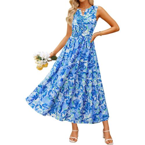 Size L...ZESICA Women's Summer Boho Floral Sleeveless Midi Dress 2026 V Neck Elastic High Waist Flowy Casual Beach Long Dresses