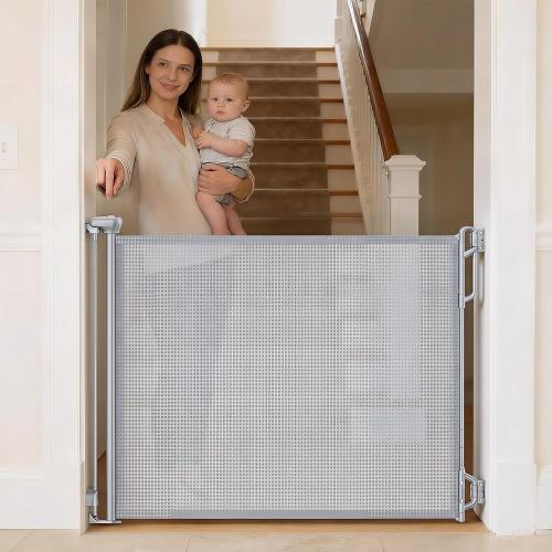 SPACEANY Retractable Baby Gate for Stairs & Doorways - 55 Wide Portable Safety Gate | Fits Baseboards, Easy to Use Indoor/Outdoor | Mesh Gate for Dogs, Puppies, Gray