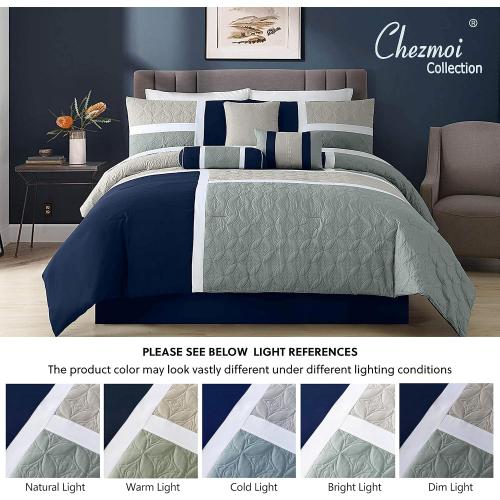 Chezmoi Collection Upland 7-Piece Quilted Patchwork Comforter Set, Navy/Blue/Gray, Queen