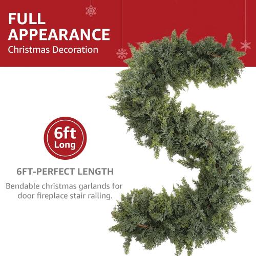 Cedar Christmas Garland with Lights for Mantle - Decorations 6 ft Realistic Lighted Faux Pine Garlands for Xmas Home Decoration Indoor Stairs Railing Fireplace Outdoor 6ft Prelit Garland Door Decor