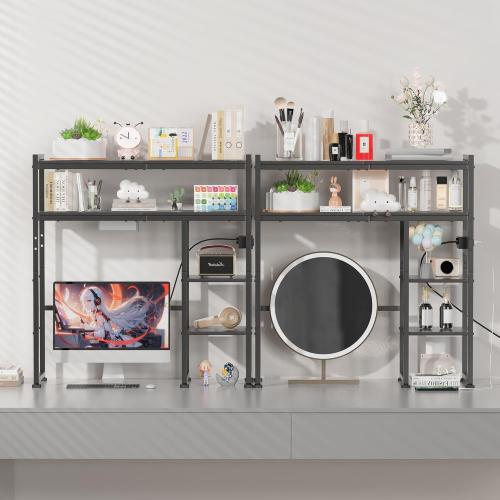 Aetheris Desktop Organizer Shelf, 30 Wooden Office Storage Rack with Outlets, Display Shelf Rack with Light Strip, 5 Tier Desktop Display Rac, Desk Shelf, Desk Hutch for Computer Monitor (Black)