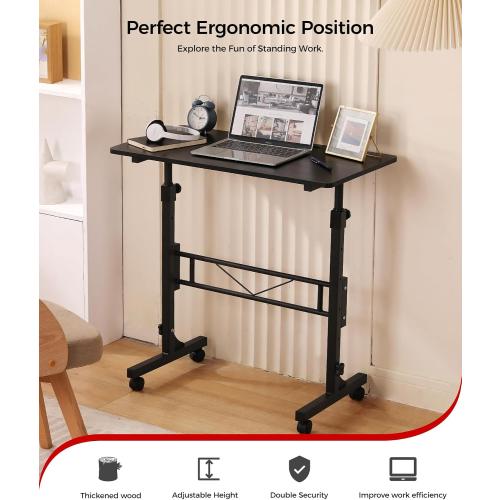 Standing Desk Adjustable Height, Mobile Stand Up Desks with Wheels Small Computer Desk Rolling Desk, Portable Laptop Desk Black Standing Table Sit Stand Home Office Desks 16x31.5 Height 27-43.5