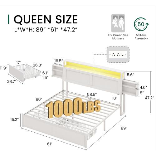 LARMACE Queen Bed Frame with Storage, LED Light and Charging Station, White