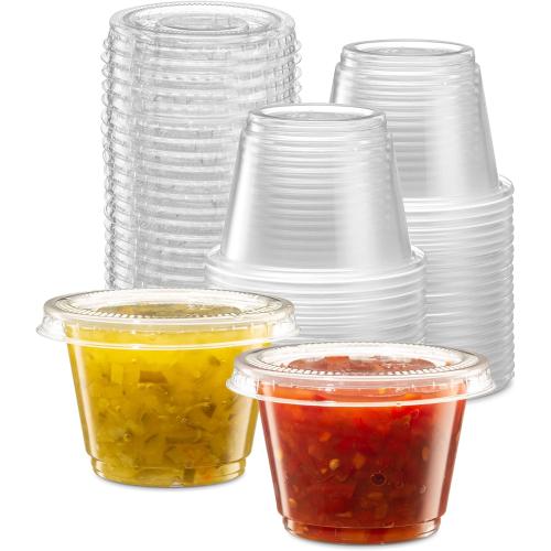 {2.5 oz - 100 Sets} Clear Diposable Plastic Portion Cups With Lids, Small Mini Containers For Portion Controll, Jello Shots, Meal Prep, Sauce Cups, Slime, Condiments, Medicine, Dressings, Crafts, Disposable Souffle Cups & Much more