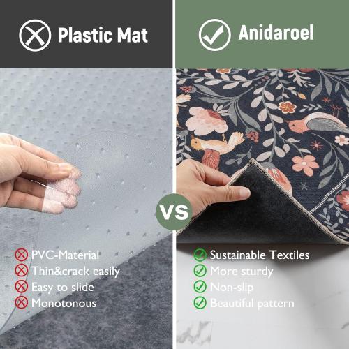 Anidaroel 36x48 Office Chair Mat for Hardwood Floor, Black Floral Computer Chair Mat, Anti-Slip Vintage Under Desk Rug for Office, Low Pile Bird Bug Office Rugs for Rolling Chairs