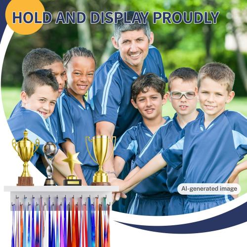 Medal Holder Display Trophy Shelf Organizer, Sturdy Wooden Race Award Hanger Rack with 25 Steel Hooks, Wall Mount Storage Stand for Sports Fans, Cheer Success