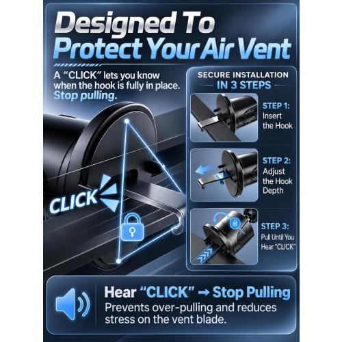 Air Vent Car Phone Holder, Metal Hook Clip, One-Hand Release, Anti-Shake