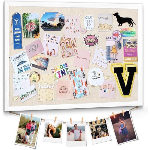 Emfogo Large Bulletin Board 23x18inch with Linen Rope Cork Boards Wall Decor Picture Framed Display Board Hanging Pin Board Vision Board Bulletin Cork Board for School Office Room Home Vintage White