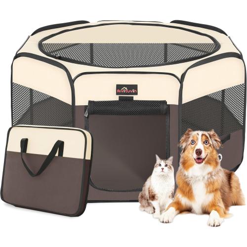 Aivituvin Dog Playpen, Foldable Pet Play Pens with Carrying Bag for Cat, Puppies, Rabbits, Portable Dog Tent Crates Cage for Travel Camping Indoor Outdoor, Removable Shade Cover, Brown L