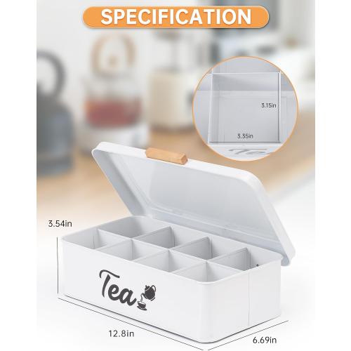 Farmhouse Tea Bag Organizer, Tea Bag Holder with 8 Compartments for Countertop, Tea Box Organizer with Wooden Handle for Home Kitchen