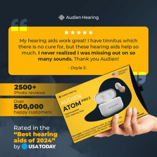 Audien Hearing Atom Pro 2 Rechargeable, over the counter, Hearing Aid, 0.6 lb – Comfortable, Lightweight, Battery