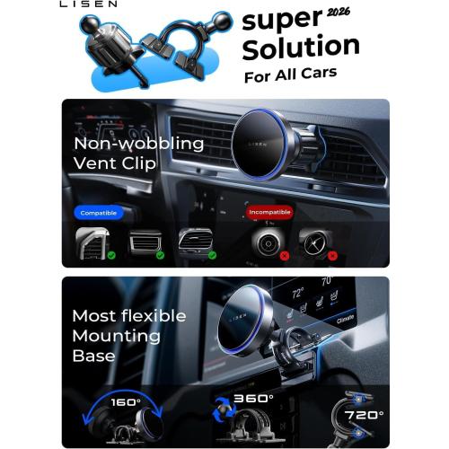 LISEN 15W MagSafe Car Mount Charger, Magnetic Phone Holders for Your Car