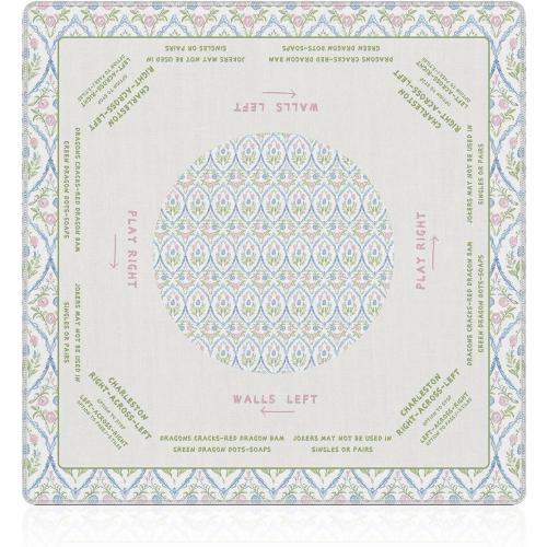 NATSUNO Grandmillennial Pink and Blue Floral Mahjong Mat(31.5″x31.5″), Green Chinoiserie Non-Slip Noise Reduction Mahjong Table Mat for American Mah Jong Poker Board Games Card Games Dominoes