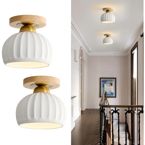 Vintage Wood Semi Flush Mount Hallway Ceiling Light 2 Pack 7.1″ Ceramic