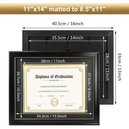 8.5x11 Diploma Frame with Black over Gold Mat, 11x14 Document without Mat