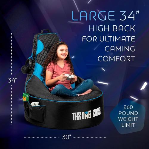 Throne Boss Gaming Bean Bag Chair Cover for Kids with High Back, Blue – Floor Gaming Chair Cover, Easy to Clean Fabric, Large Side Pockets, Headphone Hanger, Requires 200 Liters Polystyrene Beans