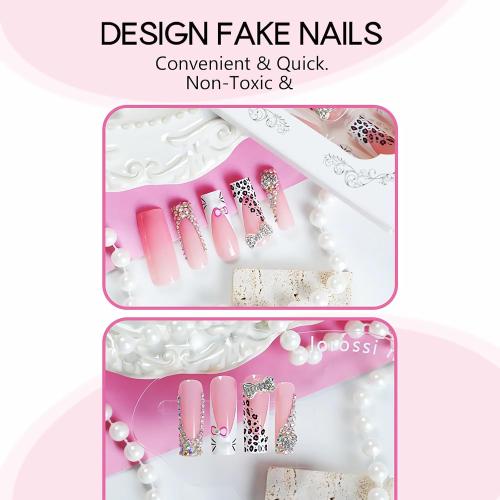 BABALAL Acrylic Press on Nails Long Square Fake Nails White French Glue ons False Nails Y2k Cat Kitten & Metallic Bow Charm Design 24Pcs Luxury Bling Rhinestone Squoval