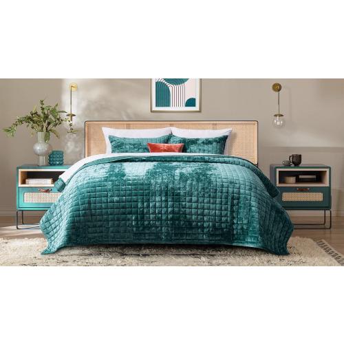 RECYCO Channel Box Stitch Velvet Quilt Set, Full Queen Size, Teal